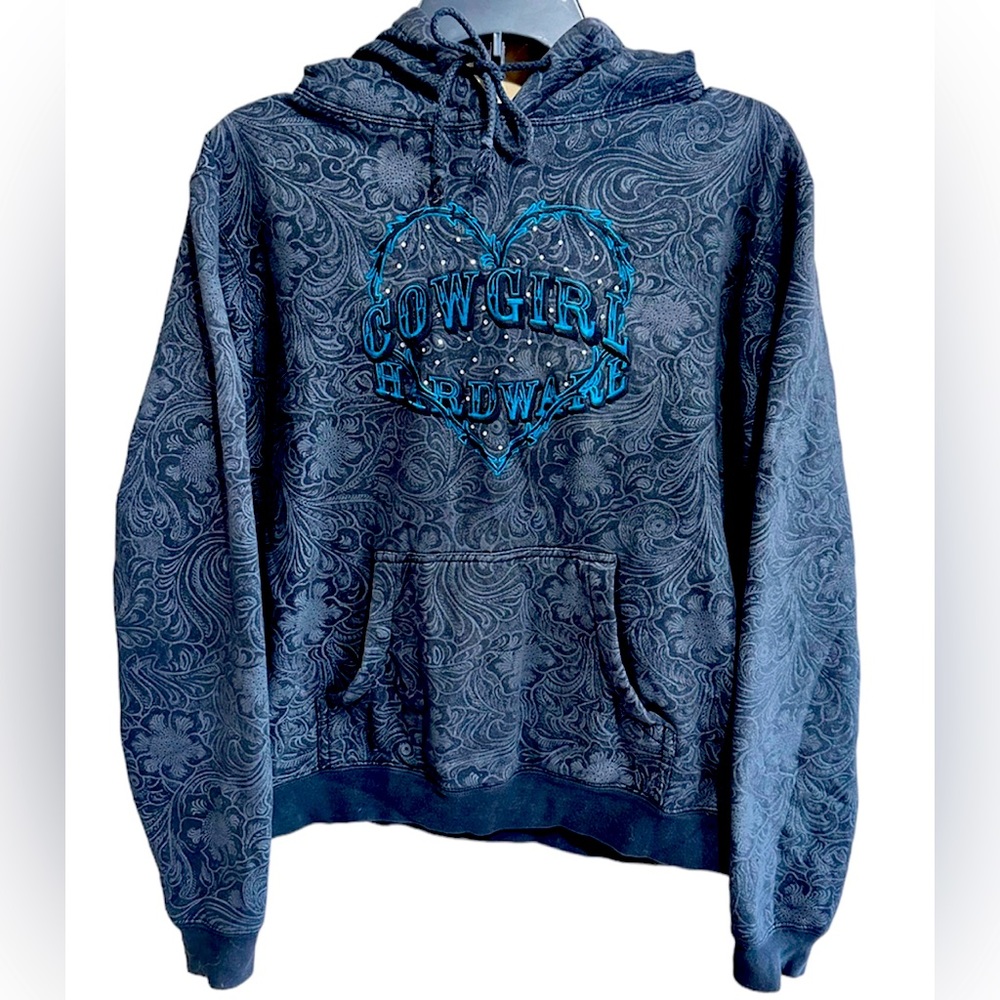 Cowgirl Hardware Black Grey Paisley Hoodie Blue Logo Rhinestones Bling Heart M - Picture 2 of 15
